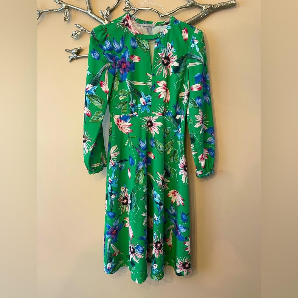 Floral Pattern Green Dress with Long Sleeves